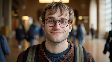 smiling young man with glasses stands confidently in busy indoor setting, showcasing warm and approachable demeanor. His casual attire and friendly expression create welcoming atmosphere