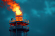 © PrusarooYakk - Illuminating the industrial landscape a vibrant flame erupts from a towering oil rig against a dramatic sky