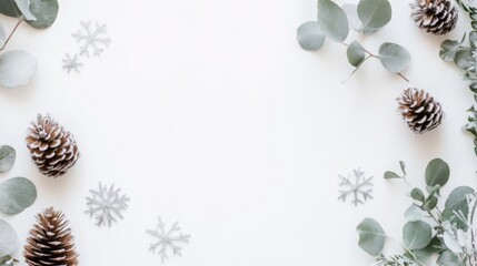 Poster - Decorated with snow-dusted pine cones and fresh eucalyptus leaves, this arrangement creates a serene winter ambiance perfect for the holiday season. The backdrop enhances the seasonal charm.