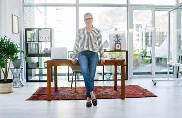 Wall Mural - Business, woman and happy at office on portrait with pride or confidence for career growth as interior designer. Female person, startup company and smile as entrepreneur for creativity in England