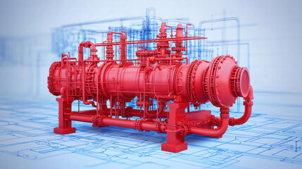 Aufkleber - Industrial equipment visualization a detailed 3d representation of a complex machinery system with technical blueprints in the background