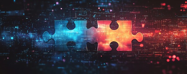 Leinwandbilder - Stylized digital representation of API integration, highlighting interlocking puzzle pieces overlaid on an abstract background filled with binary code and tech elements