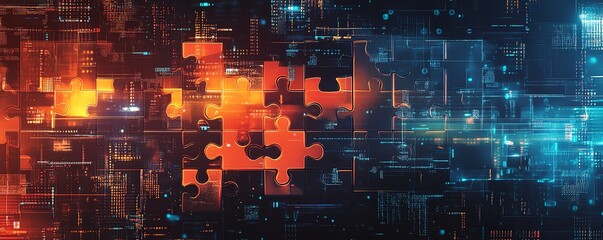 Leinwandbilder - Stylized digital representation of API integration, highlighting interlocking puzzle pieces overlaid on an abstract background filled with binary code and tech elements