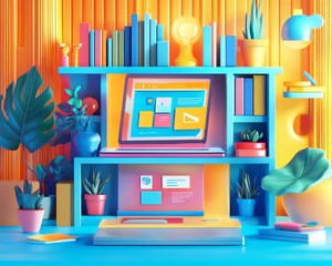 Poster - Vibrant illustration of an internet education platform, highlighting various digital resources like ebooks, videos, and online courses, all accessible from a laptop