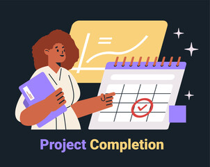 Poster - Project completion woman holding documents calendar chart dark background business concept website mobile application screen