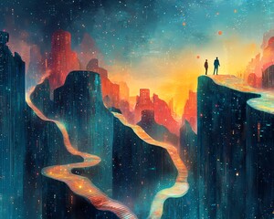 Poster - Visual metaphor for big data integration, showcasing data engineers navigating a complex landscape of data sources and technologies to achieve seamless connectivity