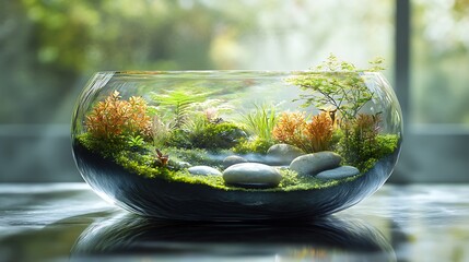 Sticker - A serene underwater world recreated inside a glass terrarium, featuring vibrant aquatic plants and smooth stones, light reflecting off the glass and casting subtle shadows,