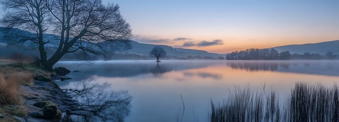 72. A tranquil lake scene at dawn, providing a calming effect