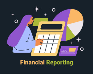 Poster - financial reporting business concept dark mode interface woman with calculator pie chart stars color