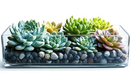 Canvas Print - A sleek DIY terrarium kit, including instructions, succulents, and decorative stones, all arranged in a modern glass container, soft light emphasizing the clean design and vibrant greenery,