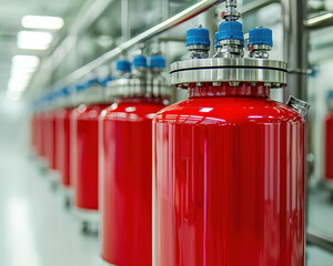 Industrial overview of red pressure tanks in a modern facility highlighting safety and efficiency in manufacturing processes