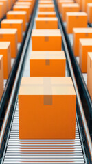 Poster - Streamlined logistics the efficient flow of orange packages through automated conveyor systems in modern warehouses
