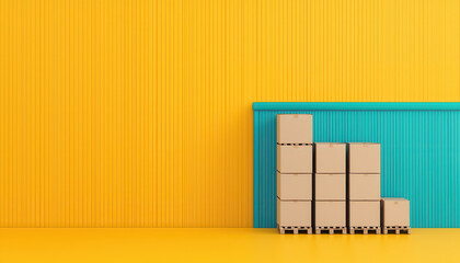 Poster - Colorful warehouse scene with stacked boxes against vibrant yellow and blue backgrounds