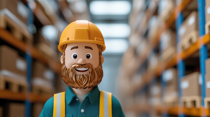 Poster - Friendly warehouse worker character smiling in industrial setting surrounded by cardboard boxes and shelving units