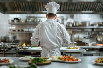 A chef in a white uniform stands in a modern kitchen, rear view, and prepares food, kitchen equipment in the background