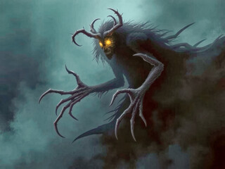 Wall Mural - A scary monster with a skull on its head and yellow eyes. It has long claws and is surrounded by smoke