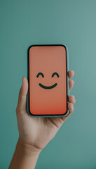Poster - Exploring the joys of digital connectivity a smiley face on a smartphone display captured in a minimalistic setting