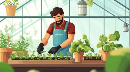 Gardener tending to plants in a greenhouse, nurturing green growth and sustainability.