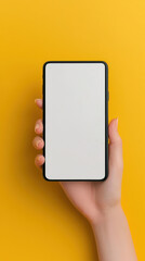 Poster - Minimalist smartphone display in hand against bright yellow background perfect for modern lifestyle and technology imagery