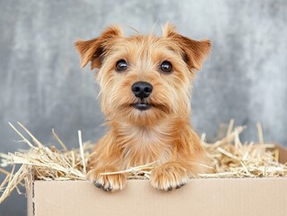 Adorable Dog Nestled in a Box with Straw