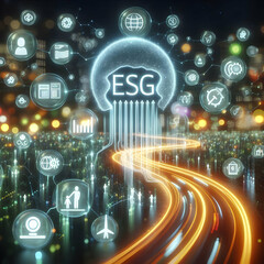 3D Abstract ESG Energy Flow Concept Empowering Sustainable Community Growth with Glowing Streams and Business Figures - Panning Shot with Bokeh Background of Sustainability Icons