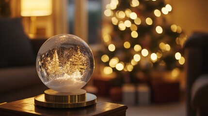 Poster - The living room is aglow with warm lighting, showcasing a charming snow globe on a wooden table, while a Christmas tree adorned with lights and ornaments stands nearby, creating a festive atmosphere.