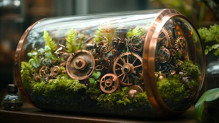 Sticker - A steampunk-themed terrarium with intricate brass gears intertwined with vibrant green moss, vintage clock parts scattered among the plants, and soft light filtering through the glass,