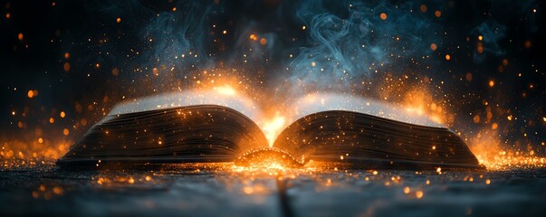 Poster - Captivating scene of an open book on a table, glowing softly with magical light, surrounded by shimmering dust and twinkling stars, inviting creative inspiration