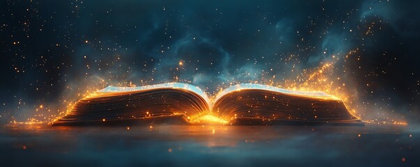 Poster - Captivating scene of an open book on a table, glowing softly with magical light, surrounded by shimmering dust and twinkling stars, inviting creative inspiration