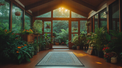 Wall Mural - A hallway with wooden beams, warm soft light, and cozy vintage decor creating a welcoming atmosphere