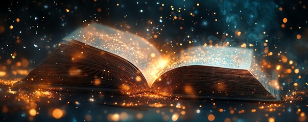 Poster - Enchanting open book resting on a table, glowing with a soft magical light, surrounded by sparkling stars and shimmering dust, creating a fairytale ambiance