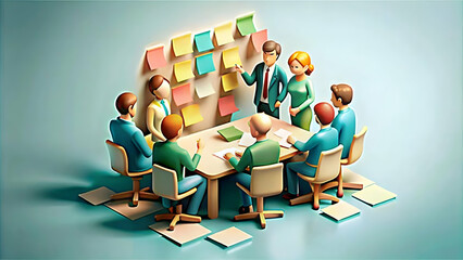 Dynamic Team Brainstorming Session with Sticky Notes on Plain Blue Background - Minimalist Design for Office Meeting Energy and Teamwork