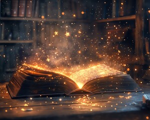 Poster - Fairytalelike scene featuring an open book on a table, radiating soft magical light, with twinkling stars and shimmering dust, inviting inspiration and wonder