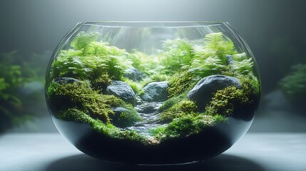 Poster - A stunning underwater-themed terrarium, featuring delicate aquatic plants, smooth stones, and vibrant green moss, arranged in a way that mimics the flow of water,