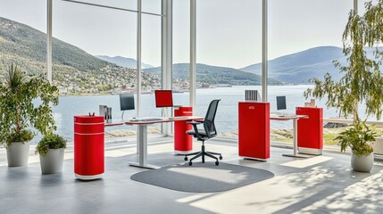 Poster - Modern Office Interior with a View of a Coastal Cityscape