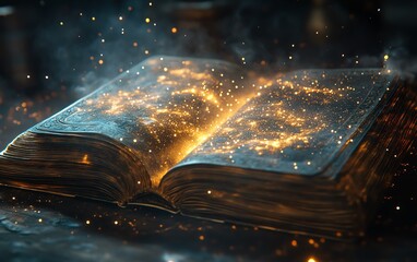 Poster - Mystical ambiance of an open book on a table, shining with magical light, enveloped by twinkling stars and shimmering dust, evoking imaginative storytelling