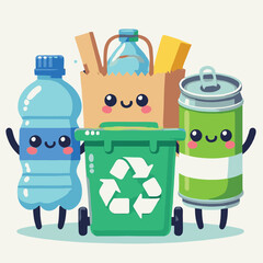 cartoon illustration of plastic, paper and can recycling waste