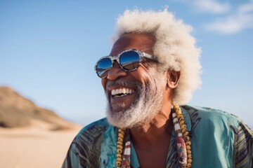 portrait of a joyful afro-american man in his 80s wearing a trendy sunglasses isolated on serene dun