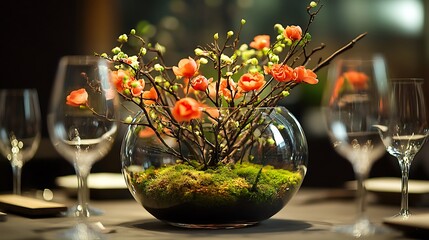 Sticker - A terrarium centerpiece on a dining table, featuring delicate flowers intertwined with moss-covered branches, the glass reflecting soft light, adding a natural, organic touch to a modern,