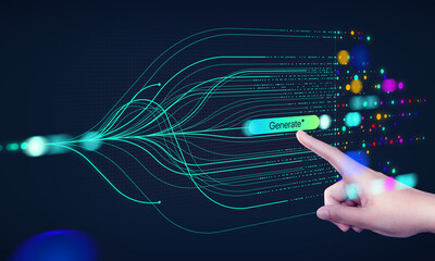 Fototapete - A hand showing AI tech with Generative Ai concept, artificial intelligence cyber security, digital transformation, finance, document file management, large language model, LLM