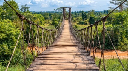 Aufkleber - Wooden Rope Bridge Over Lush Jungle River