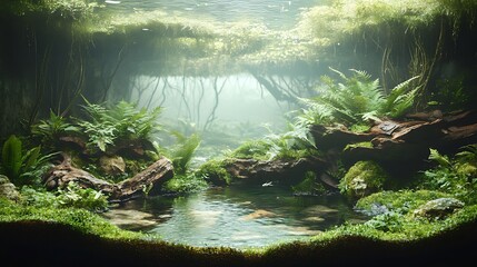 Canvas Print - A terrarium designed to mimic an underwater environment, with aquatic plants such as ferns and moss growing around driftwood and rocks, soft light casting gentle reflections on the glass,