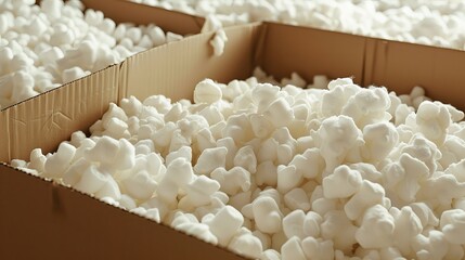 Closeup of White Packing Peanuts in Cardboard Box