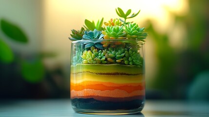 Sticker - A terrarium in a clear jar with vibrant layers of colored sand, featuring succulents in various shades of green, arranged on top of the sand layers,