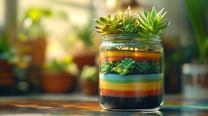 Sticker - A terrarium in a clear jar with vibrant layers of colored sand, featuring succulents in various shades of green, arranged on top of the sand layers,