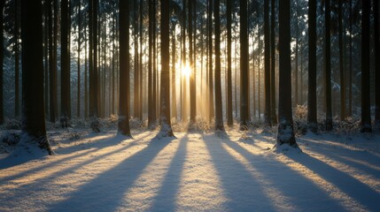 Poster - Sunlight Filtering Through Tall Trees in a Snowy Forest