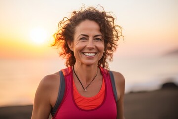 Wall Mural - Portrait of a smiling woman in her 40s dressed in a breathable mesh vest isolated on vibrant beach sunset background