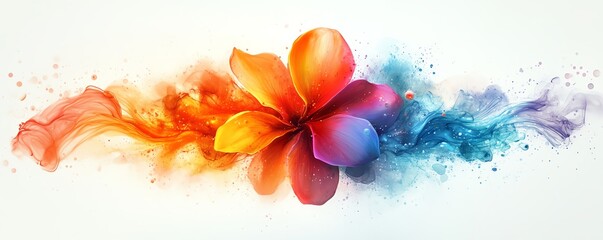 Poster - Colorful abstract rainbow ink splatter with swirling designs, fantasy flower texture in watercolor, paint brush stroke explosion, modern vibrant 3D digital art