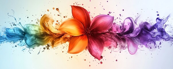 Poster - Colorful abstract rainbow ink splatter with swirling designs, fantasy flower texture in watercolor, paint brush stroke explosion, modern vibrant 3D digital art