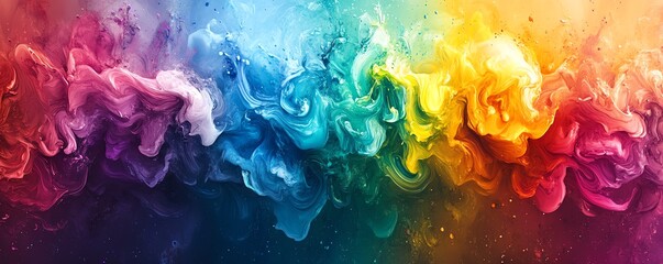 Poster - Colorful abstract rainbow ink splatter with swirling designs, fantasy flower texture in watercolor, paint brush stroke explosion, modern vibrant 3D digital art